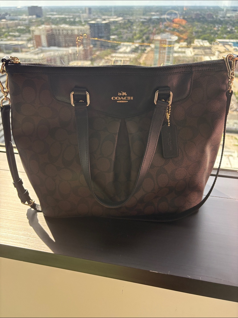 Coach Signature Monogram Tote in Dark Brown and Black with Gold Hardware